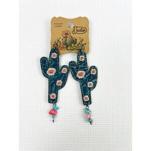 NEW Justin Genuine Leather Embroidered Cactus Earrings Western Cowgirl Gemstones